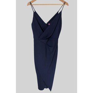 NWT Betsey Johnson Faux Wrap Dress Womens 4 Navy Blue Midi Formal Cocktail Party